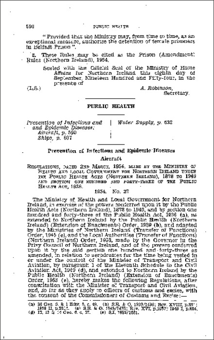 The Public Health (Aircraft) Regulations (Northern Ireland) 1954