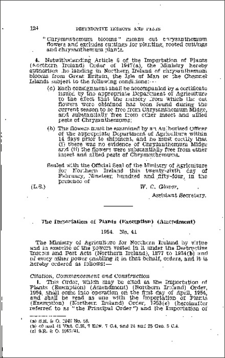 The Importation of Plants (Exemption) (Amendment) Order (Northern Ireland) 1954