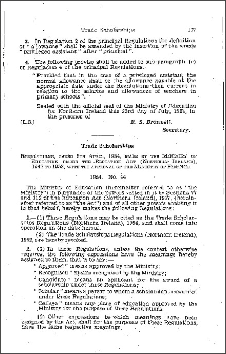 The Trade Scholarships Regulations (Northern Ireland) 1954