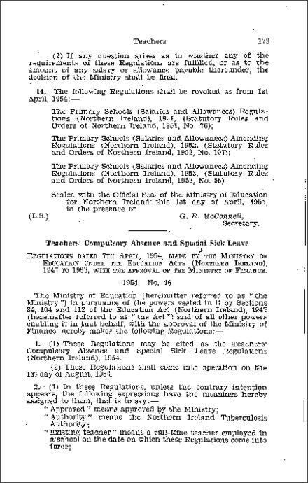 The Teachers' Compulsory Absence and Special Sick Leave Regulations (Northern Ireland) 1954