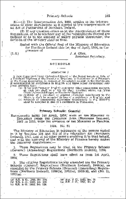 The Primary Schools (General) (Amendment) Regulations (Northern Ireland) 1954