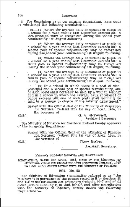 The Primary Schools (Salaries and Allowances) Regulations (Northern Ireland) 1954