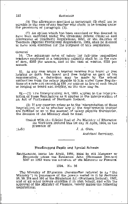 The Handicapped Pupils and Special Schools (Amendment) Regulations (Northern Ireland) 1954