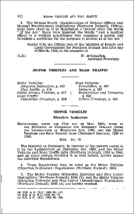 The Motor Vehicles (Direction Indicators) Regulations (Northern Ireland) 1954