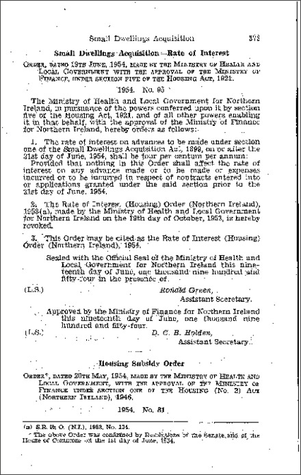 The Housing Subsidy Order (Northern Ireland) 1954