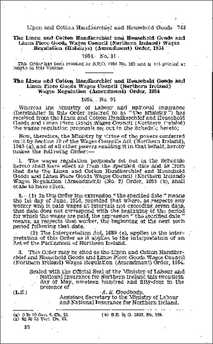 The Linen and cotton Handkerchief and Household Goods and Linen Piece Goods Wages Council (Northern Ireland) Wages Regulations (Amendment) Order (Northern Ireland) 1954