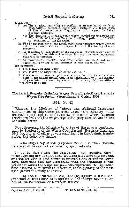 The Retail Bespoke Tailoring Wages Council (Northern Ireland) Wages Regulations (Amendment) Order (Northern Ireland) 1954