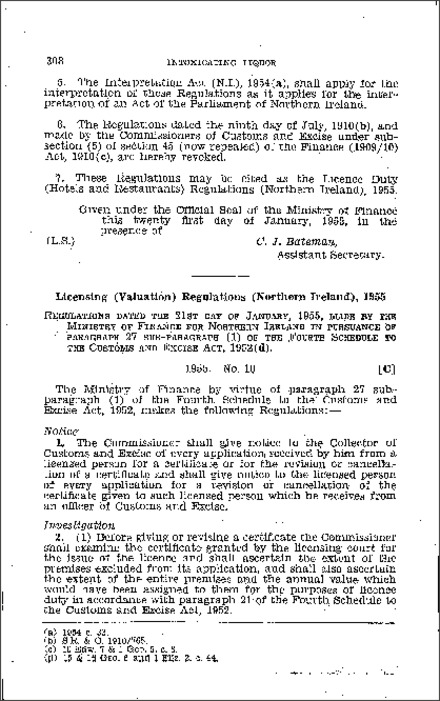The Licensing (Valuation) Regulations (Northern Ireland) 1955