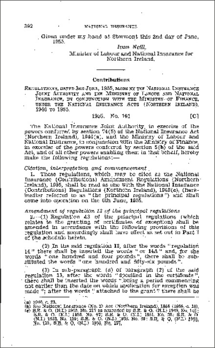 The National Insurance (Contributions) Amendment Regulations (Northern Ireland) 1955