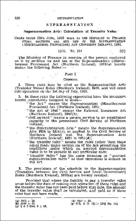 The Superannuation Acts (Transfer Value) Rules (Northern Ireland) 1955