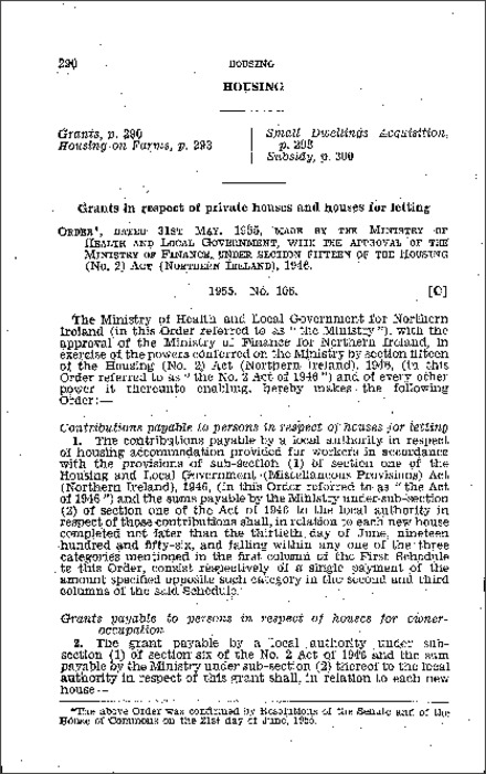 The Housing (Grants) Order (Northern Ireland) 1955