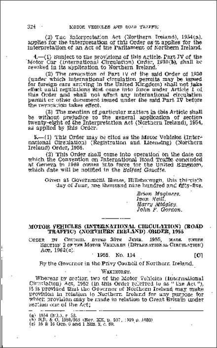 The Motor Vehicles (International Circulation) (Road Traffic) Order (Northern Ireland) 1955