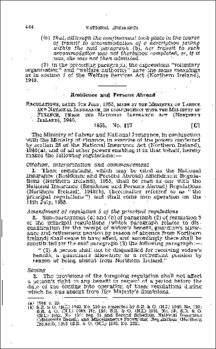 The National Insurance (Residence and Persons Abroad) Amendment Regulations (Northern Ireland) 1955
