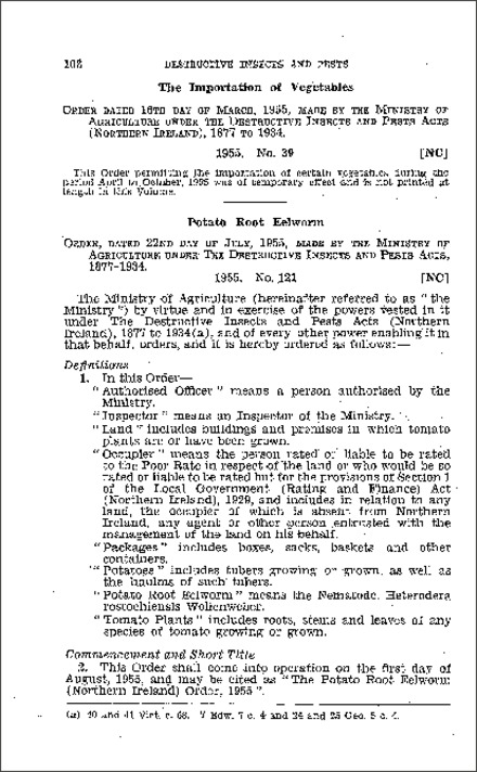 The Potato Records Eelworm Order (Northern Ireland) 1955