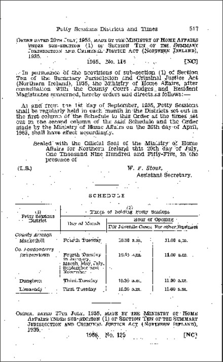The Summary Jurisdiction: Petty Sessions Districts and Times: Sixmilecross: Order (Northern Ireland) 1955