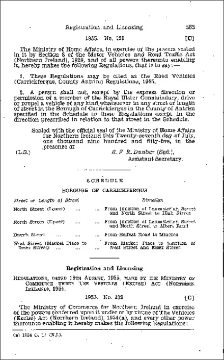 The Road Vehicles (Carrickfergus, County Antrim) Regulations (Northern Ireland) 1955