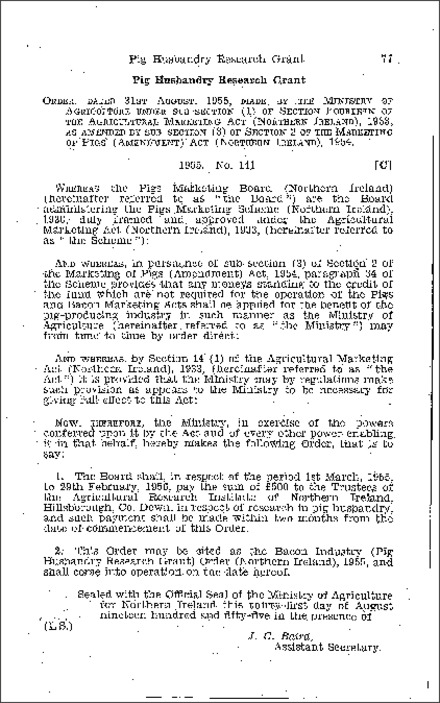 The Bacon Industry (Pig Husbandry Research Grant) Order (Northern Ireland) 1955