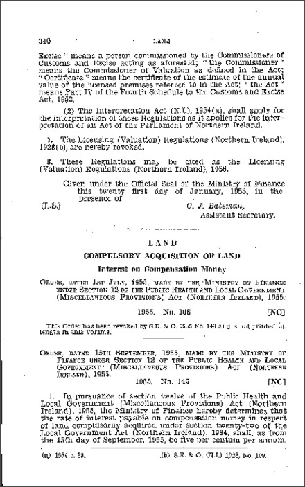 The Compulsory Acquisition of Land (Interest on Compensation Money) (No. 2) Order (Northern Ireland) 1955