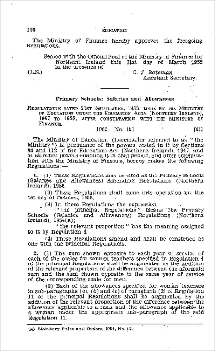 The Primary Schools (Salaries and Allowances) Amendment Regulations (Northern Ireland) 1955