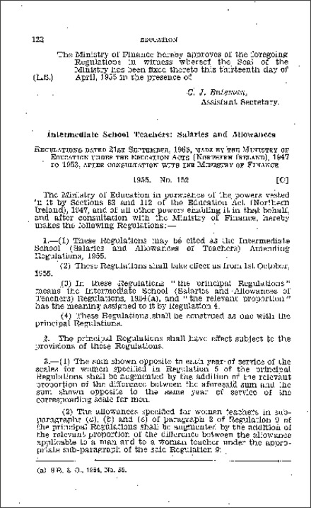 The Intermediate School (Salaries and Allowances of Teachers) Amendment Regulations (Northern Ireland) 1955
