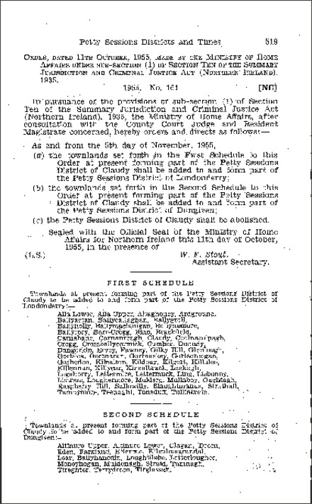 The Summary Jurisdiction: Petty Sessions Districts and Times: Claudy Abolition Order (Northern Ireland) 1955