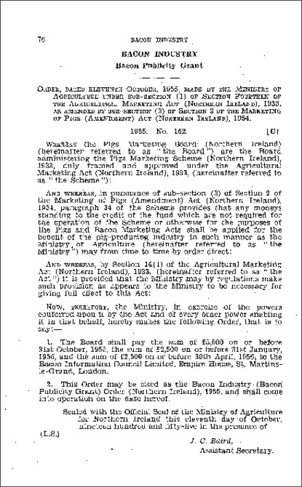 The Bacon Industry (Bacon Publicity Grant) Order (Northern Ireland) 1955