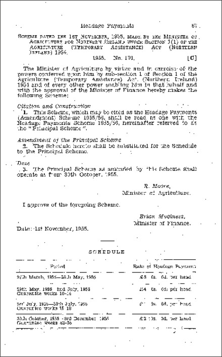 The Headage Payments (Amendment) Scheme 1955-56 (Northern Ireland) 1955