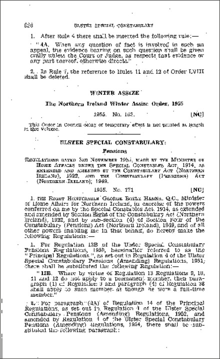 The Ulster Special Constabulary Pensions (Amendment) Regulations (Northern Ireland) 1955