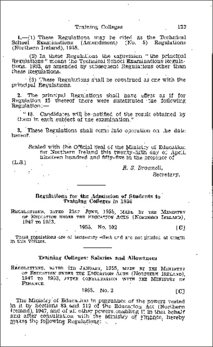 The Training College Teachers (Salaries and Allowances) Regulations (Northern Ireland) 1955