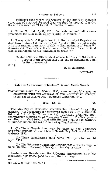 The Voluntary Grammar Schools Milk and Meals Grants Regulations (Northern Ireland) 1955