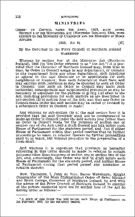 The Ministries (Transfer of Functions) Order (Northern Ireland) 1955