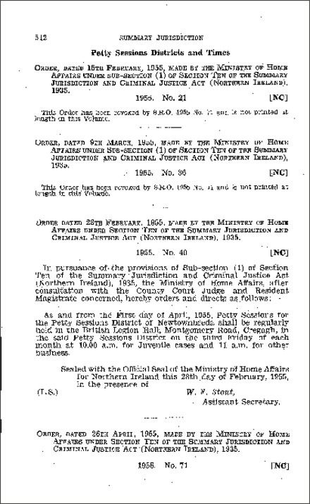 The Summary Jurisdiction: Petty Sessions Districts and Times Order (Northern Ireland) 1955