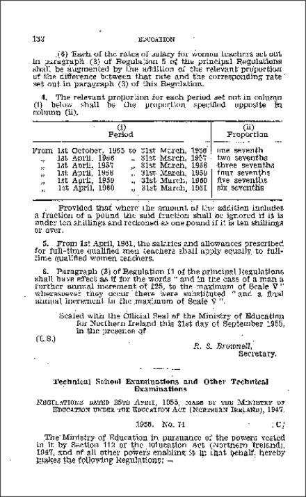 The Technical School Examinations (Amendment) (No. 5) Regulations (Northern Ireland) 1955
