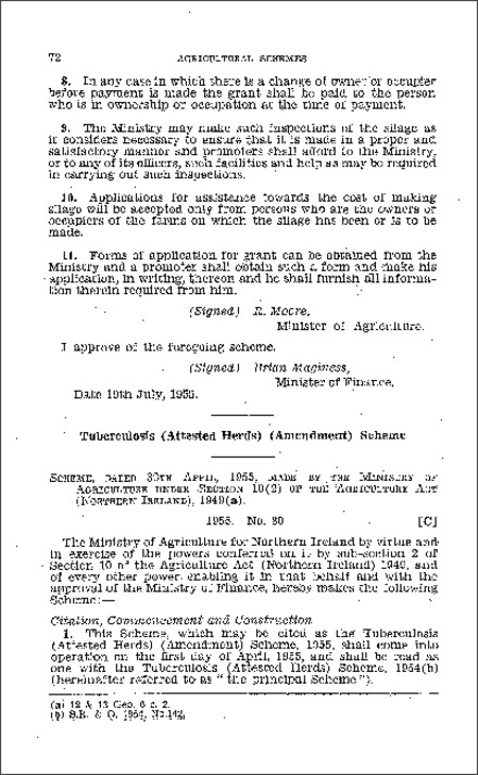 The Tuberculosis (Attested Herds) (Amendment) Scheme (Northern Ireland) 1955