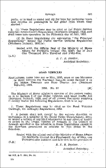 The Road Vehicles (Armagh, Co Armagh) Regulations (Northern Ireland) 1955