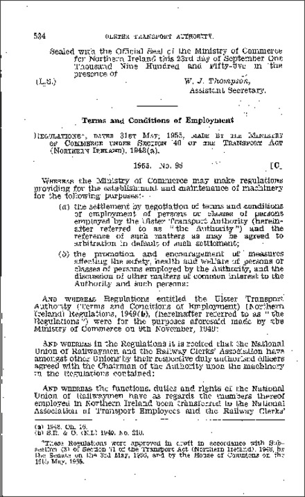 The Ulster Transport Authority (Terms and Conditions of Employment) (Amendment) Regulations (Northern Ireland) 1955
