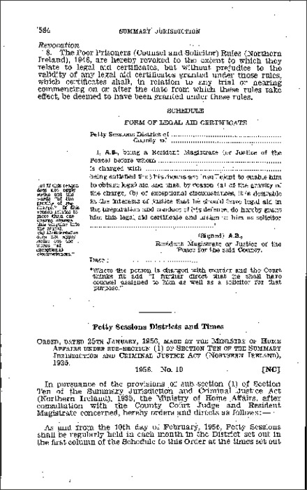 The Summary Jurisdiction: Petty Sessions Districts and Times (Northern Ireland) 1956