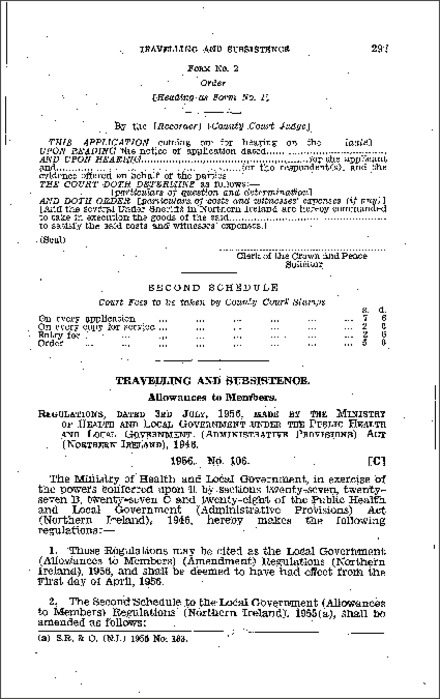 The Local Government (Allowances to Members) (Amendment) Regulations (Northern Ireland) 1956