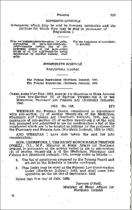 The Poisons List Confirmation Order (Northern Ireland) 1956
