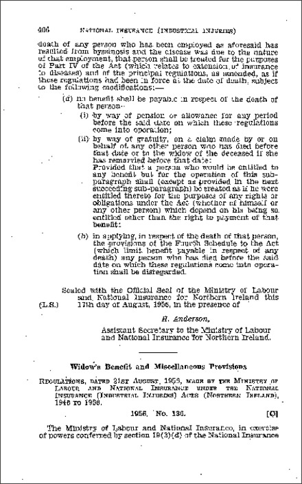 The National Insurance (Industrial Injuries) (Widow's Benefit and Miscellaneous Provisions) Regulations (Northern Ireland) 1956