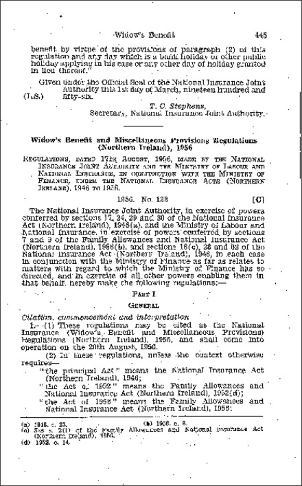 The National Insurance (Widow's Benefit and Miscellaneous Provisions) Regulations (Northern Ireland) 1956