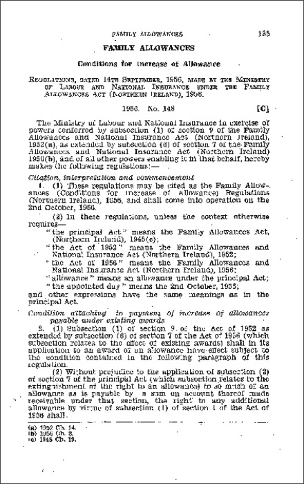 The Family Allowances (Conditions for increase of Allowance) Regulations (Northern Ireland) 1956