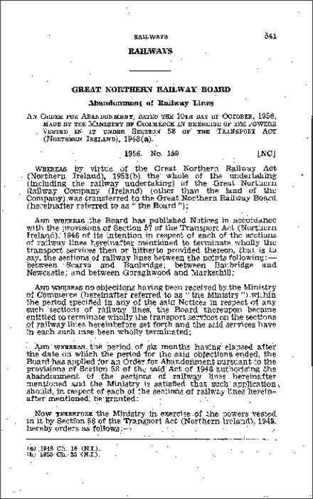 The Transport Act (Abandonment of Railway Lines, Counties Armagh and Down) Order (Northern Ireland) 1956