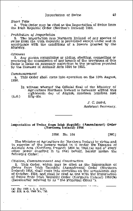 The Importation of Swine from Irish Republic (Amendment) Order (Northern Ireland) 1956