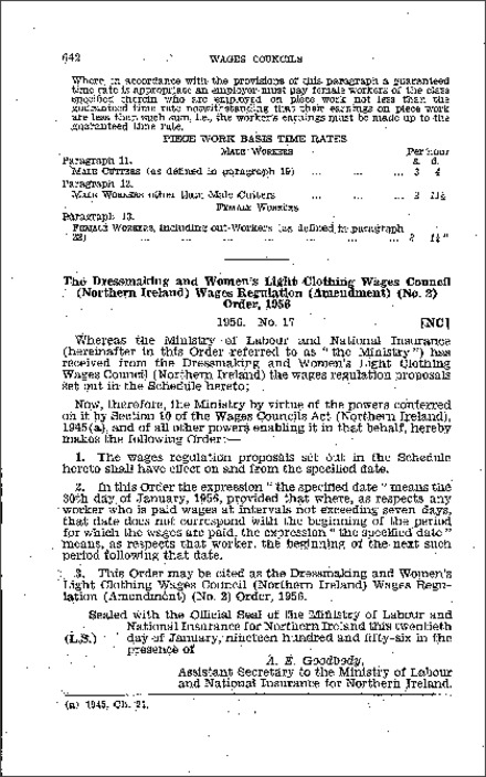 The Dressmaking and Women's Light Clothing Wages Council (Northern Ireland) Regulations (Amendment) (No. 2) Order (Northern Ireland) 1956
