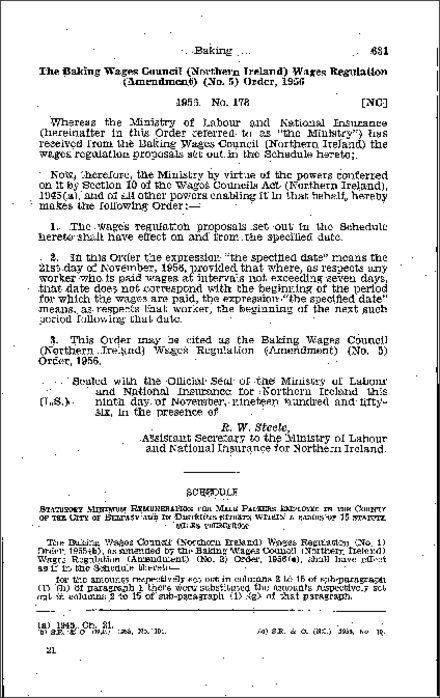 The Baking Wages Council (Northern Ireland) Wages Regulations (Amendment) (No. 5) Order (Northern Ireland) 1956