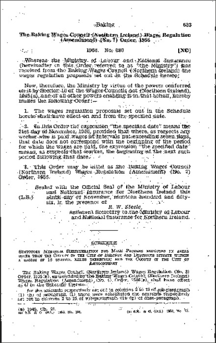 The Baking Wages Council (Northern Ireland) Wages Regulations (Amendment) (No. 7) Order (Northern Ireland) 1956