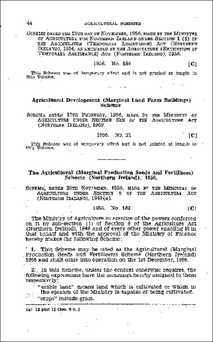 The Agricultural (Marginal Production Seeds and Fertilisers) Scheme (Northern Ireland) 1956