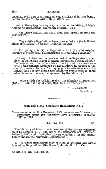 The Milk and Meals Amendment Regulations No. 2 (Northern Ireland) 1956