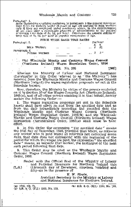 The Wholesale Mantle and Costume Wages Council (Northern Ireland) Wages Regulations Order (Northern Ireland) 1956